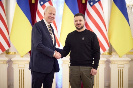 KYIV, UKRAINE - United States President Joe Biden meets with his Ukrainian counterpart Volodymyr Zelensky in Kyiv, February 20, 2023. Volodymyr Zelensky said 