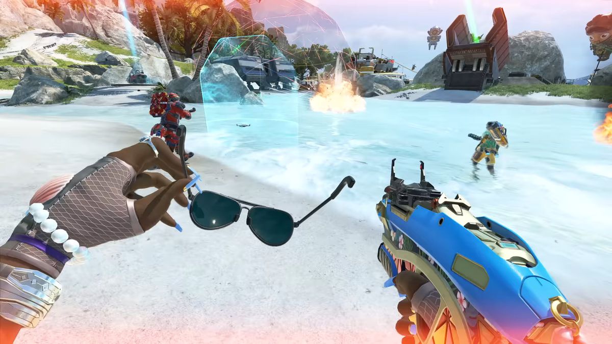 Ensuing battle in Apex Legends at the beach as one character just holds sunglasses out in the open.