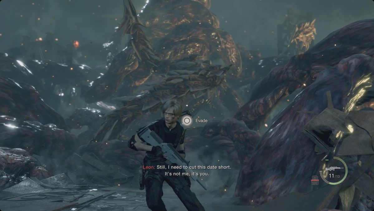 Resident Evil 4 remake Leon dodging a tentacle attack in the final phase of the Saddler fight