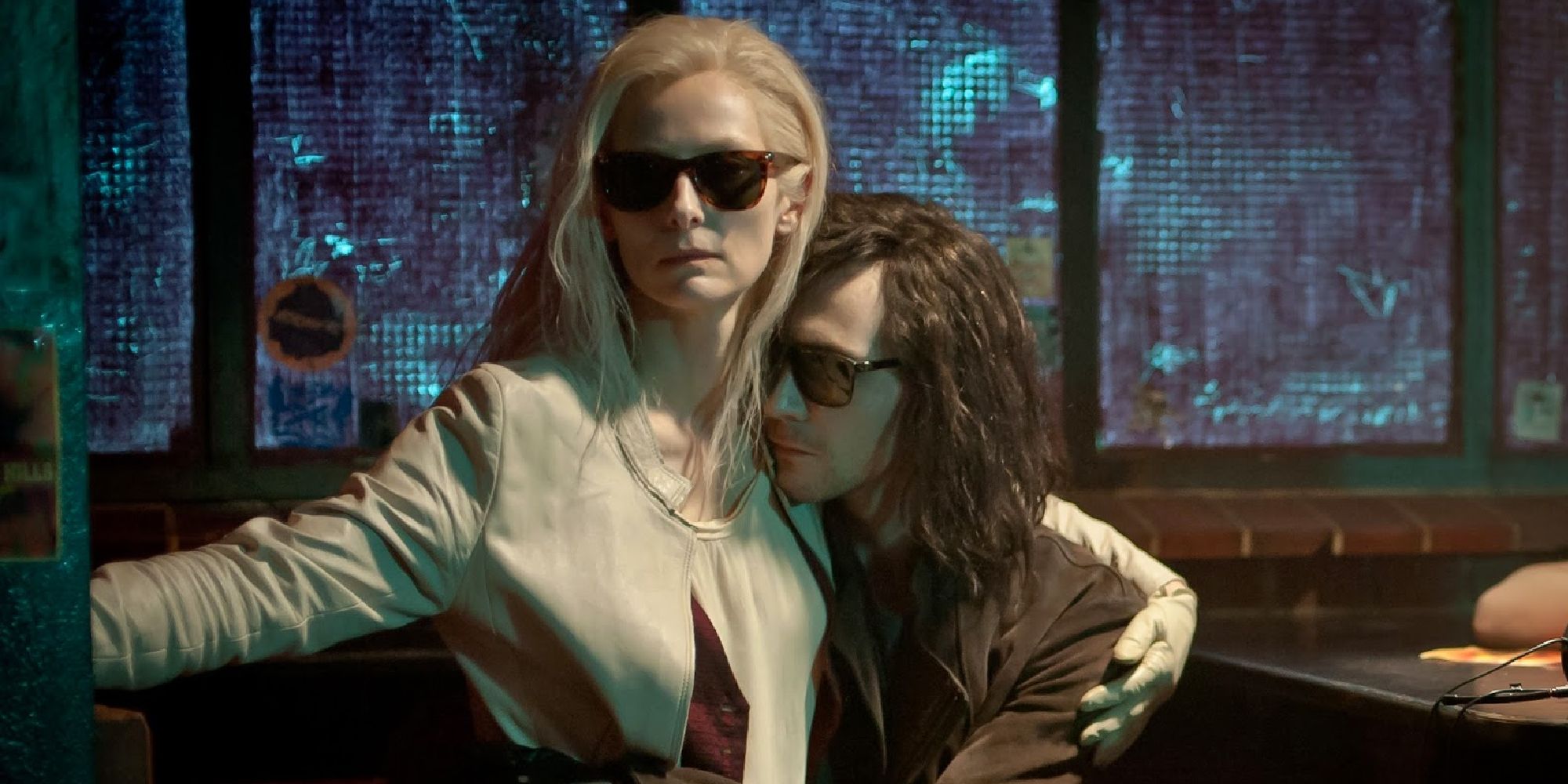 Tilda Swinton and Tom Hiddleston hug in Only Lovers Left Alive