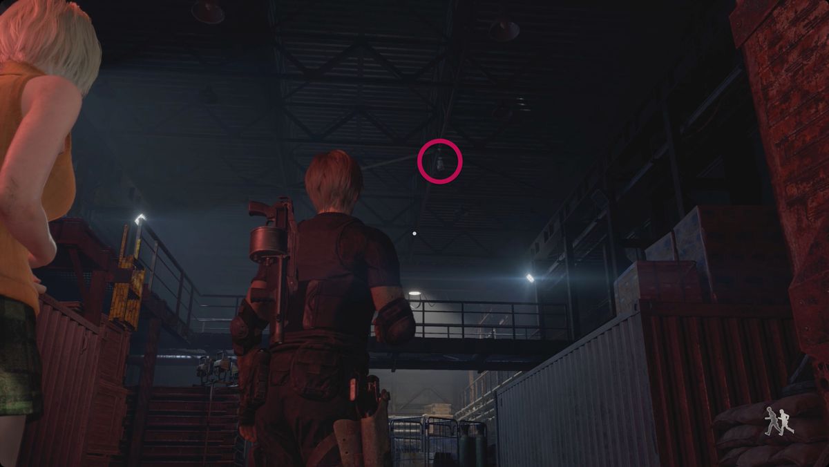 Resident Evil 4 remake Leon looks at a treasure lantern just outside Luis' lab.